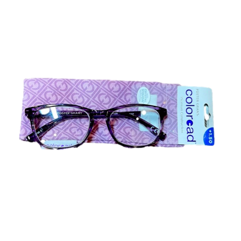 FOSTER GRANT COLOREAD purple plastic frame reading glasses w/pouch. NEW. +1.50